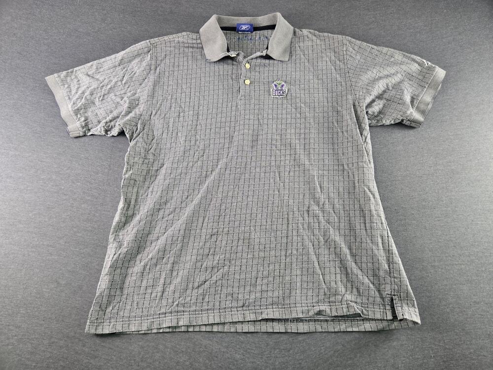 Milwaukee Bucks Polo Shirt Mens XL Gray NBA Basketball Reebok Embroidered Check